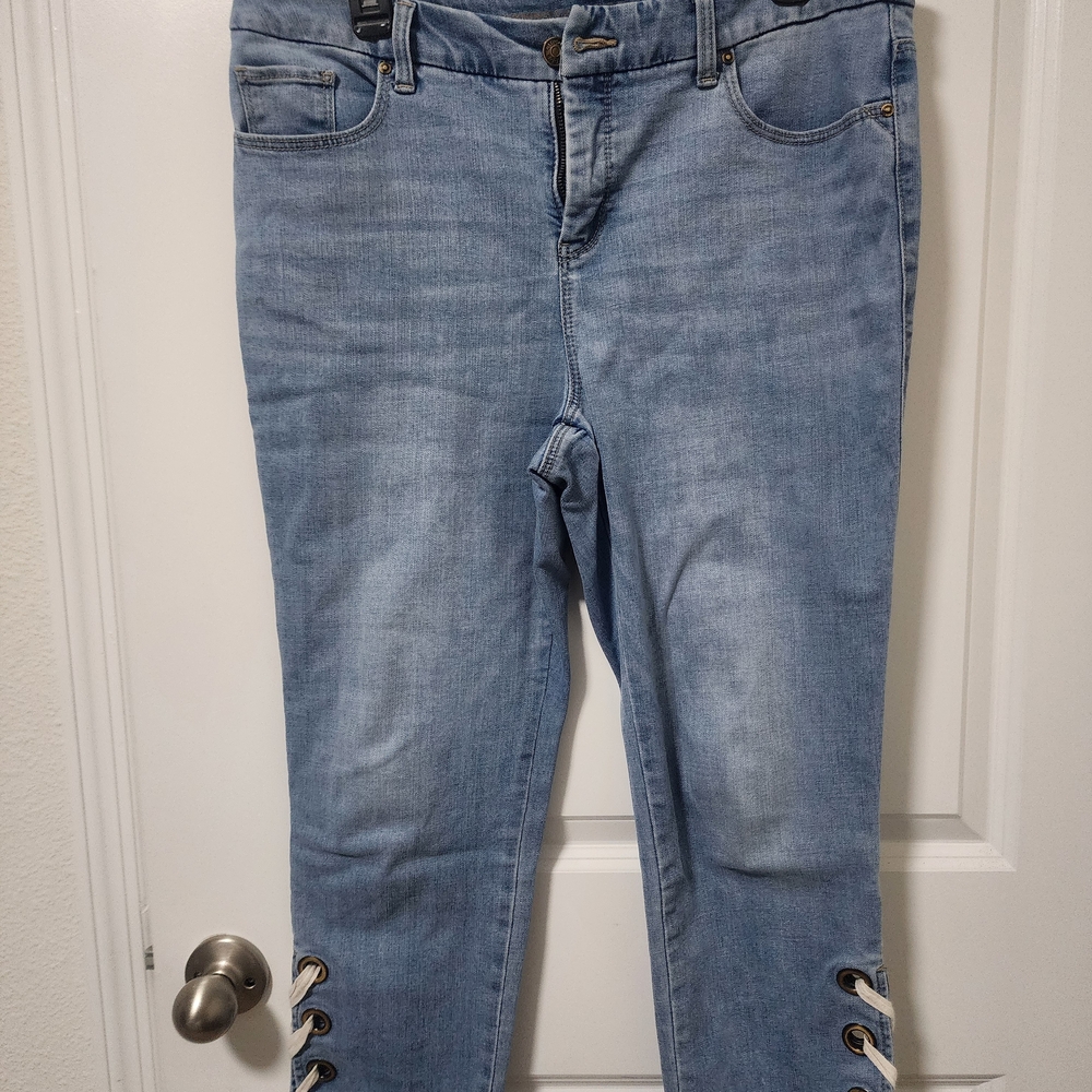 Chico's So Slimming Girlfriend Ankle Light Blue Jeans with Lace-Up Detail
